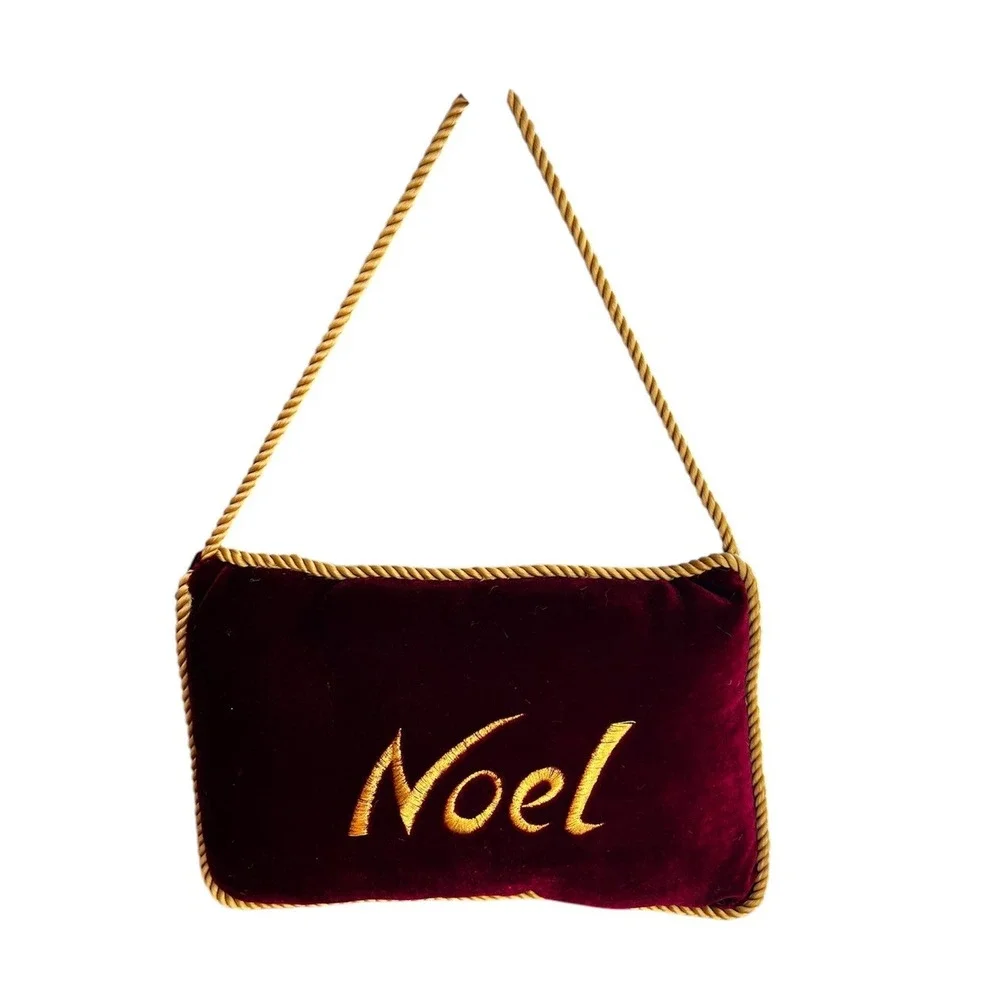 Mini Pillow Christmas Holiday Noel Door Hanger Burgundy Velvet Gold‎ Corded Trim